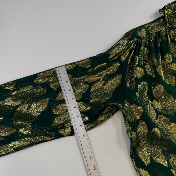 Mille Resort Travel Womens Blouse Green Gold L Silk Ruffle Mock Neck Sheer Party - Picture 12 of 12